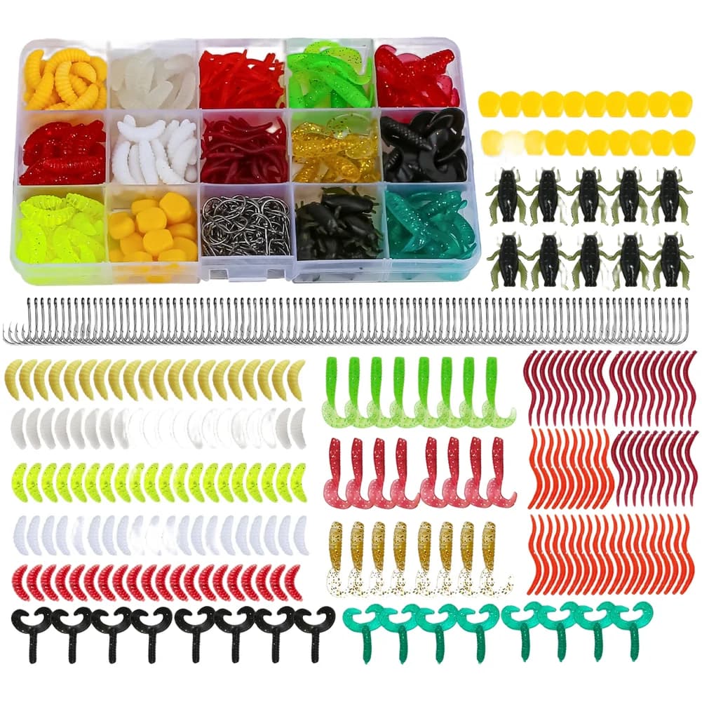 330pcs Soft Fishing Bait Collection in 15-Partition Tackle Box for Bass Trout and Routine Freshwater Excursions