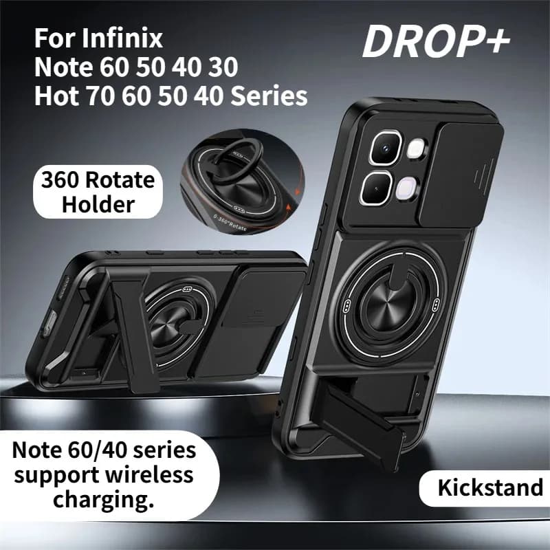 Custodia Protettiva con Anello Magnetico Girevole e Protezione Scorrevole per Fotocamera per ZTE Infinix Note 60 50 40 30 Hot 70 60 50 40 Pro Plus