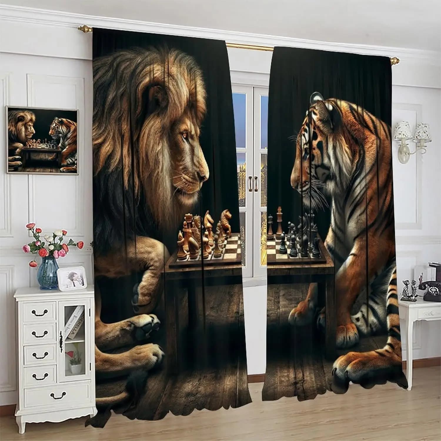 Tende per animali della giungla, tigre leone che suona trattamenti per finestre di giochi di scacchi, tende con isolamento termico con tasca per asta, set di 2 pannelli per