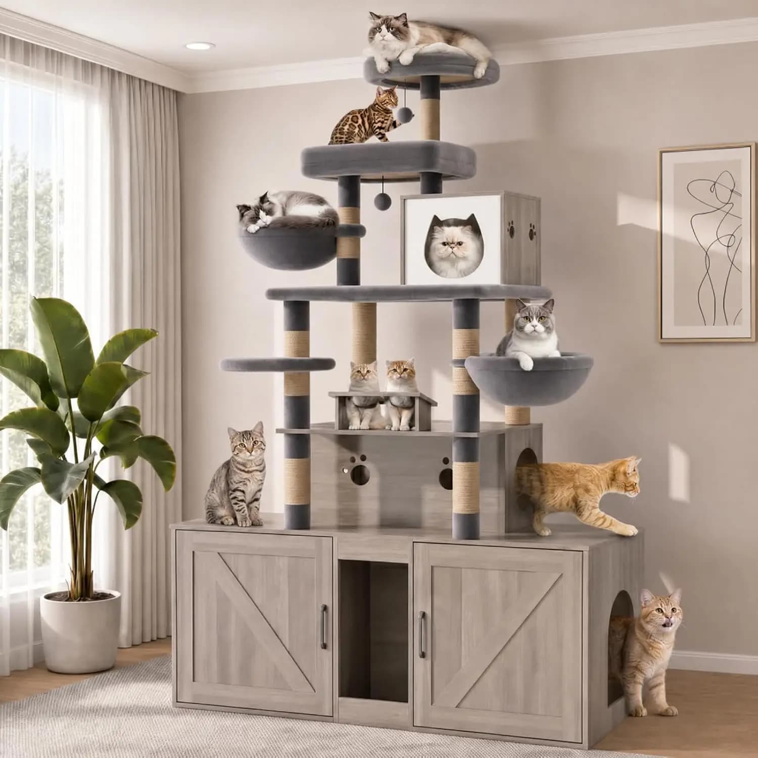 Cat Tree with Litter Box Enclosure, Wooden Cat Tower for Big Cats, Dual Condos with Magnetic Doors, 2 SS Bowls & Hammocks, Sisal