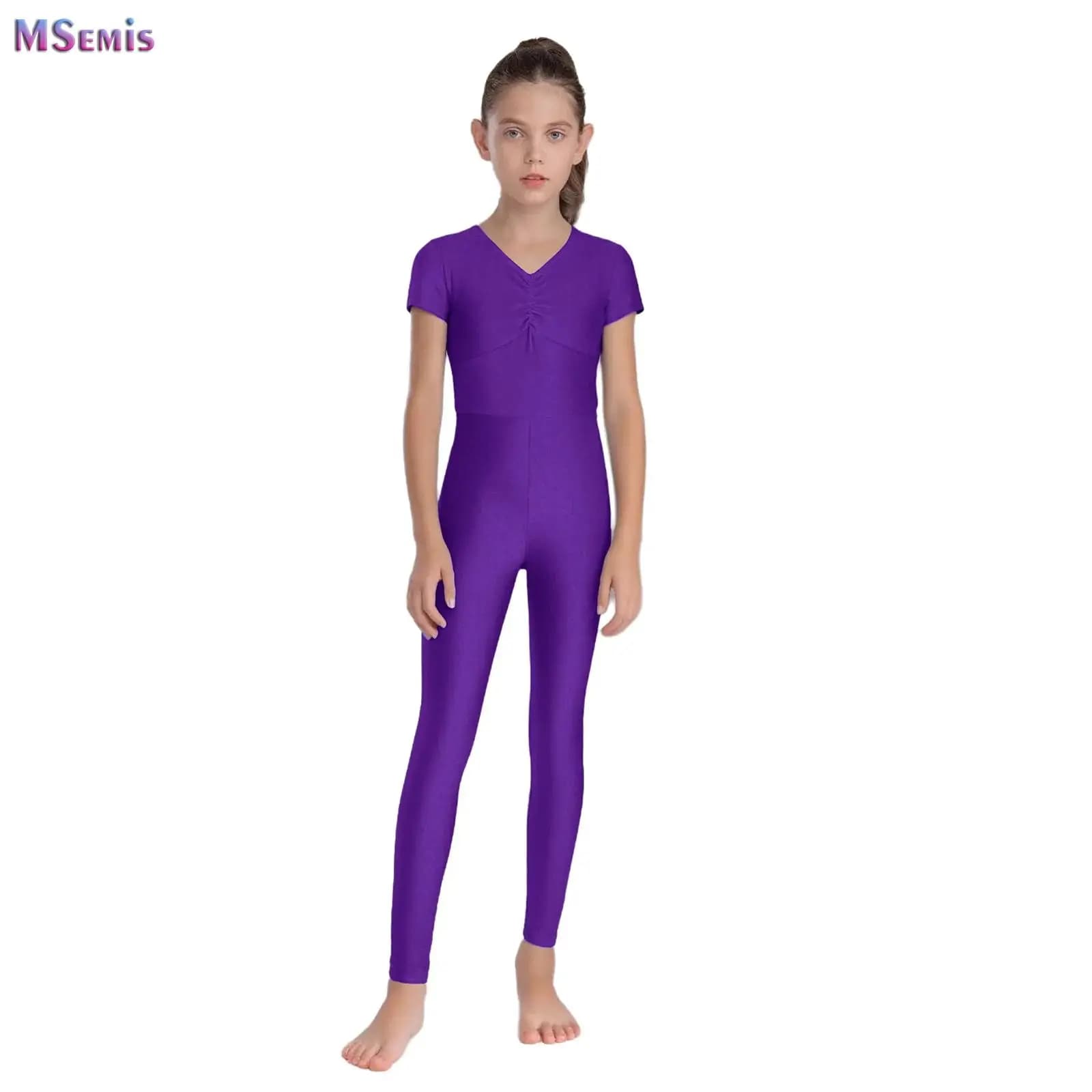 Body da Danza per Bambine a Maniche Corte con Arricciature, Leotard Lucido per Ginnastica, Tuta Intera per Pattinaggio Artistico e Danza
