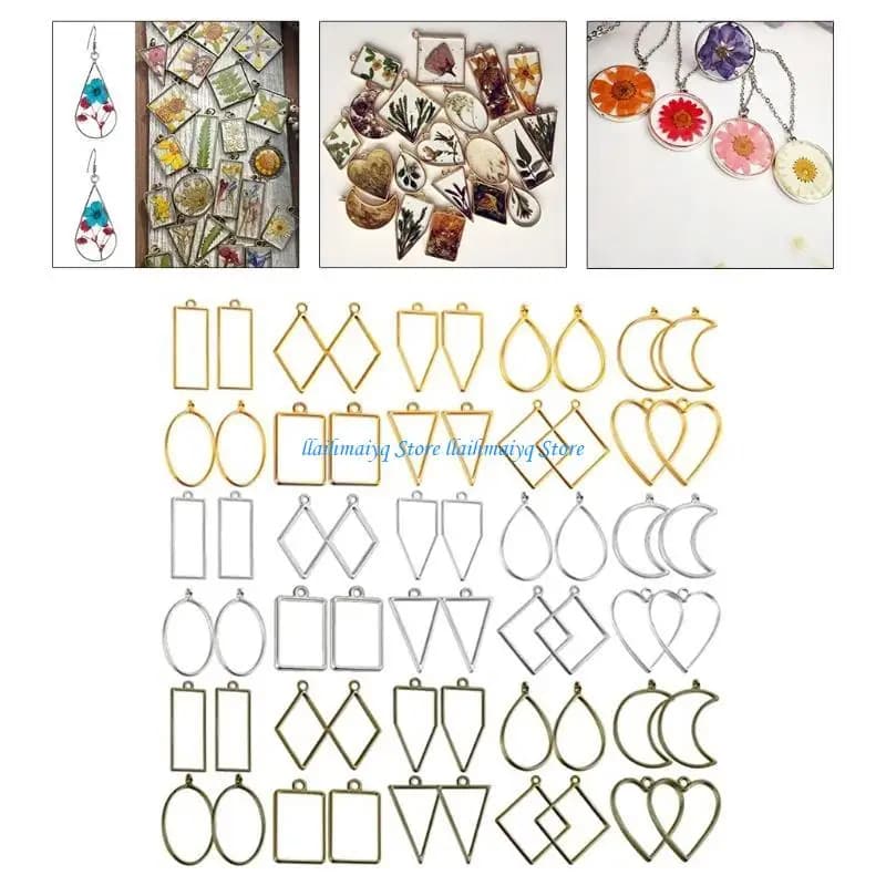 573B 60 Pcs UV Epoxy Hollow Frames Resin Craft Bezels Pendants for Necklaces Earrings Jewelry Making Supplies