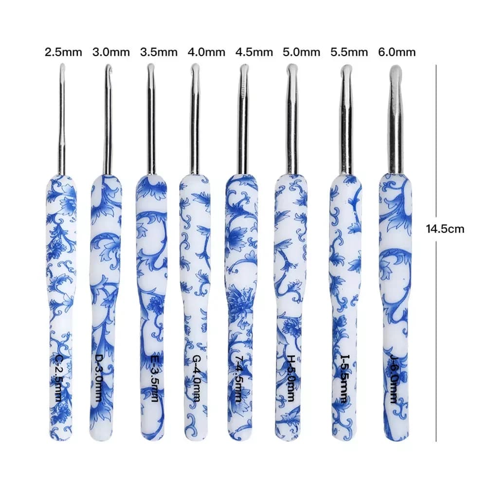 Set di 8 uncinetti in porcellana blu e bianca con manico in plastica, aghi da maglia 2.5-6mm, per lavori a maglia e cucito