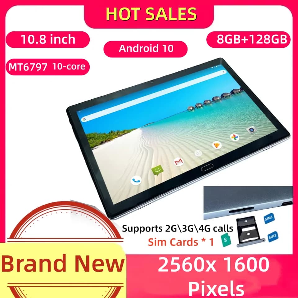Tablet Android 10 from 10.8 Inch with 8GB RAM 128GB ROM, Support Calls 2G/3G/4G, Type-C, Double Camera, 10-Core MT6797, 2560x1600 Pixel, 1 Slot SIM