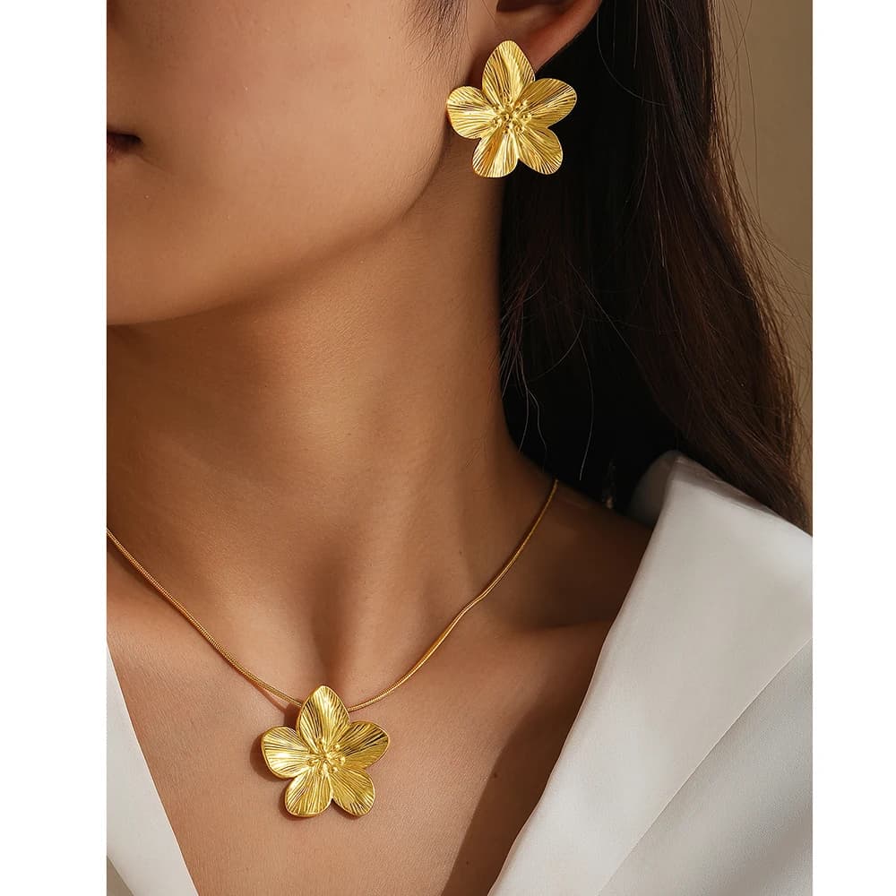 DOTIFI Set in acciaio inossidabile Moda donna New Wave Fiore Orecchini Collana Set Gioielli placcati in oro Regali per feste