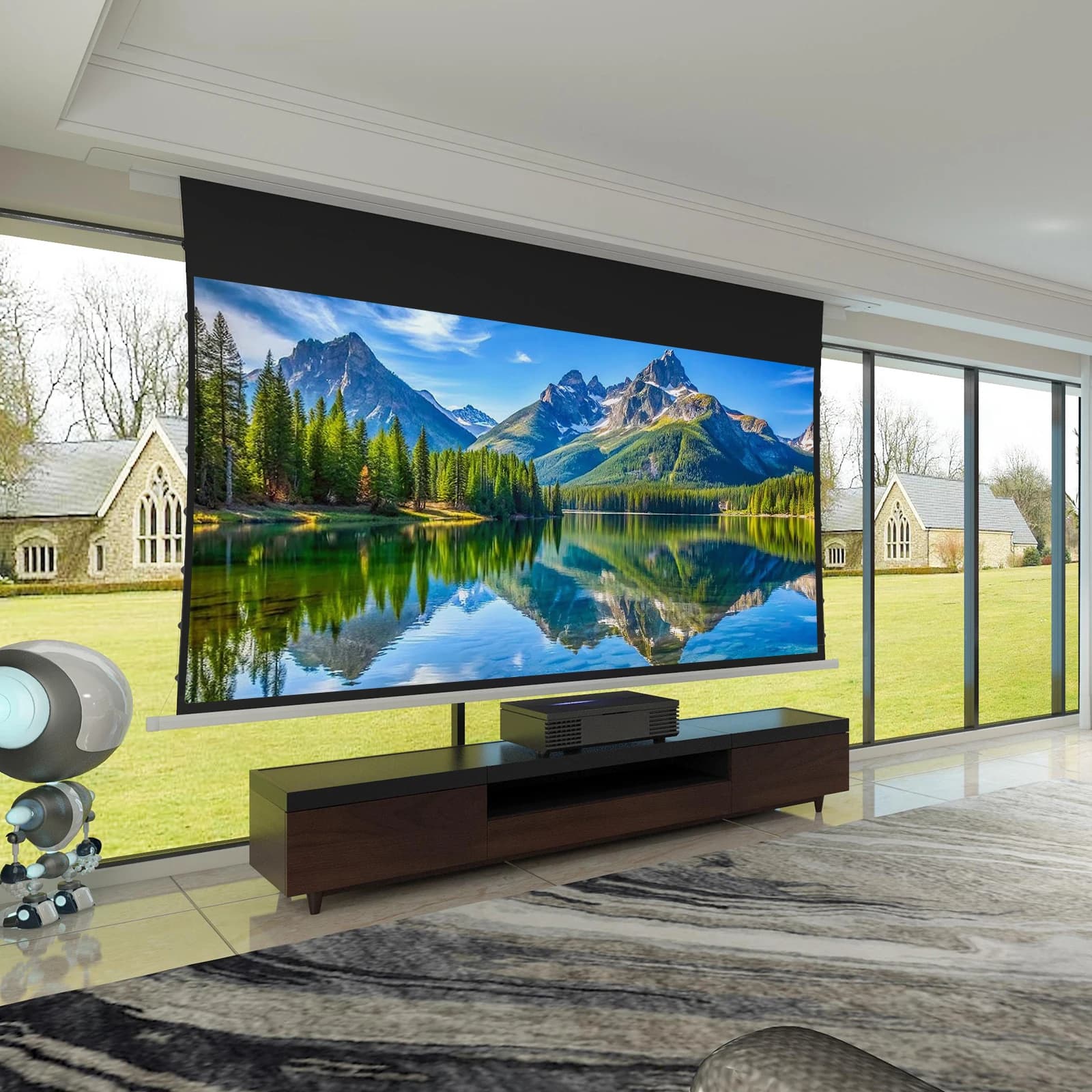 Schermo di Proiezione Motorizzato a Tensionamento da Soffitto ALR (Ambient Light Rejecting) da 150 Pollici 4K UHD Reale per Proiettore UST, Modello 2026