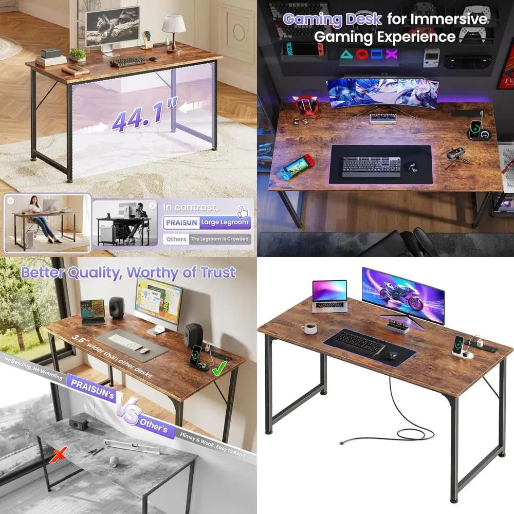 Scrivania per Computer in Metallo Marrone Rustico da 47 Pollici con Porte di Alimentazione e USB-C, Ideale per Gaming, Ufficio Domestico, Studio e Camera da Letto