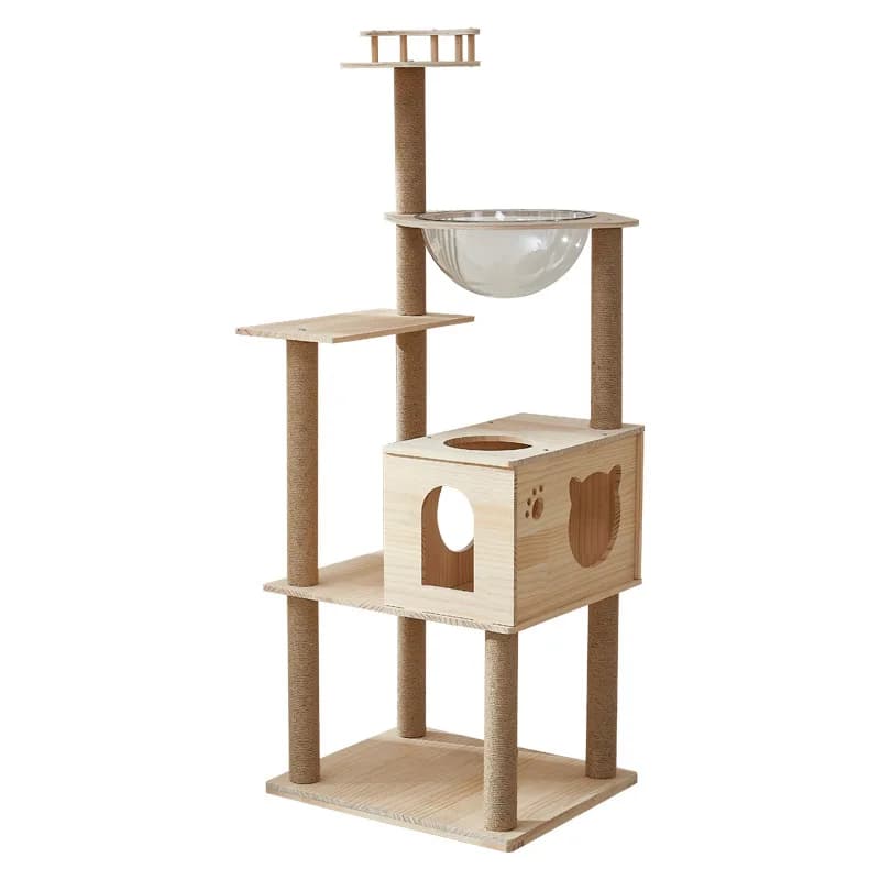 Tiragraffi per Gatti in Legno Massello con Sisal, Albero per Gatti con Piattaforma di Salto