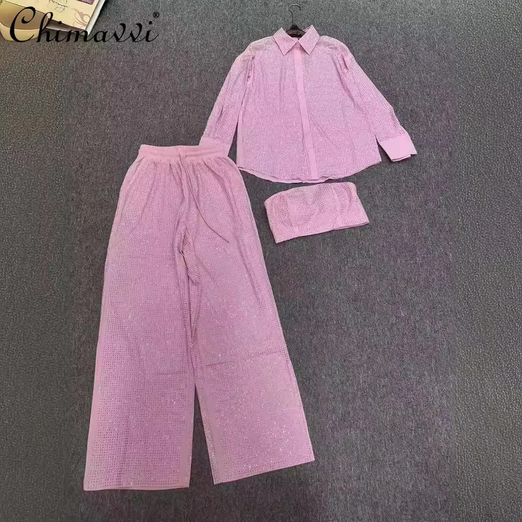 Heavy Spice Girls Camicia a maniche lunghe con diamanti pieni Top a tubo sexy Pantaloni dritti in vita elastica interna Set Primavera Nuove donne 3 pezzi