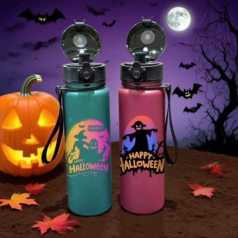 650 ml water bottle printed in 3D Halloween theme, without PVC, leak proof, matt finish, transport ring, perfect for vacation