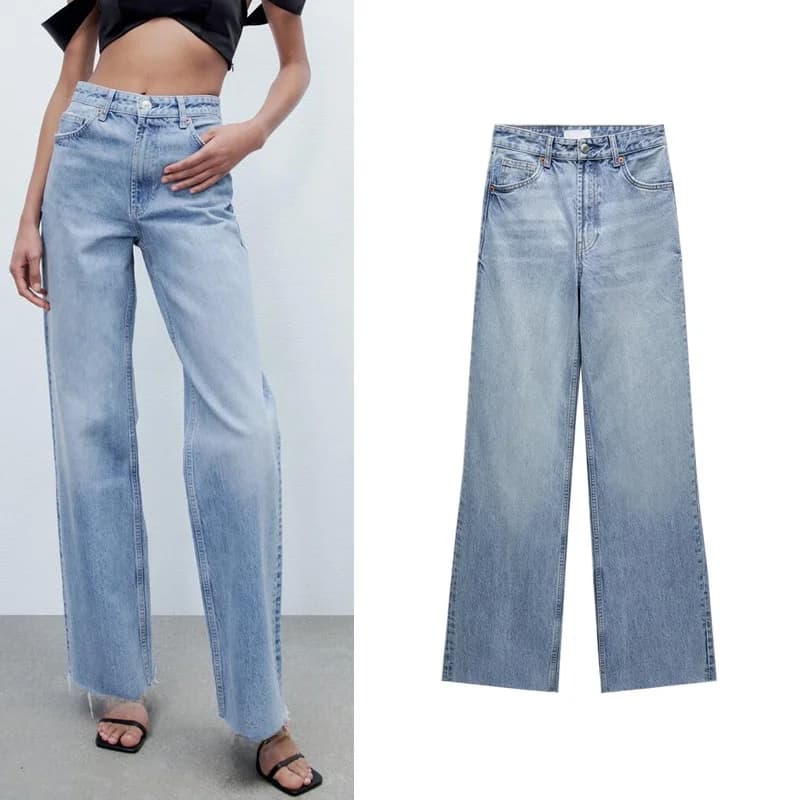Jeans alla Moda a Vita Alta e Gamba Larga, Pantaloni Larghi a Taglio Dritto con Orlo Sfilacciato per Autunno e Inverno
