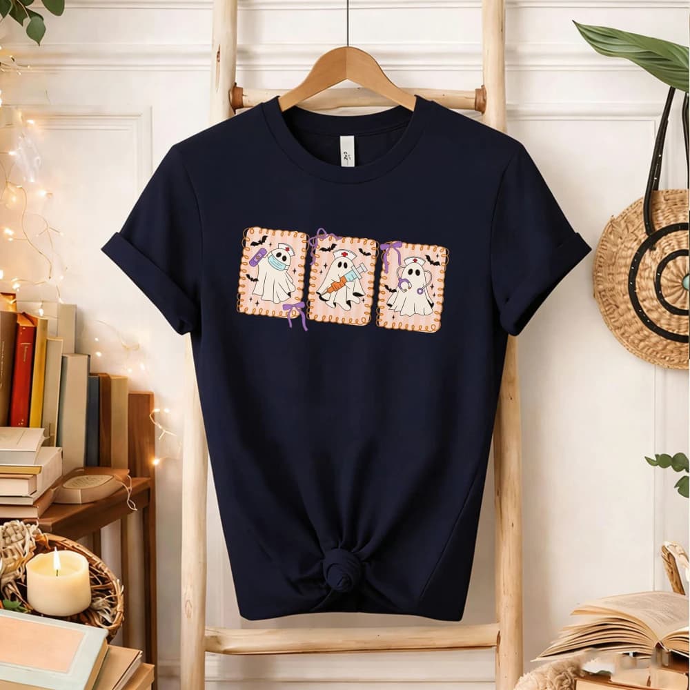 Cute Nurse Ghost Tarot Cards Graphic T‑Shirt Men Women Halloween Medical Ghost Syringe Mask Stethoscope Frame Healthcare Tops
