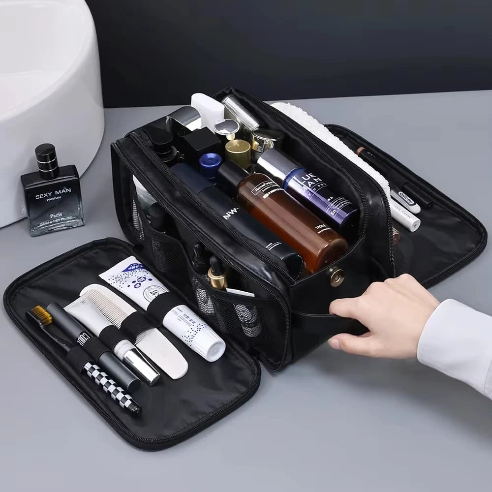 Borsa da toilette da viaggio in PU multi tasche per donna uomo Borsa per trucco essenziale Borsa da appendere impermeabile Borsa per organizer per il lavaggio cosmetico
