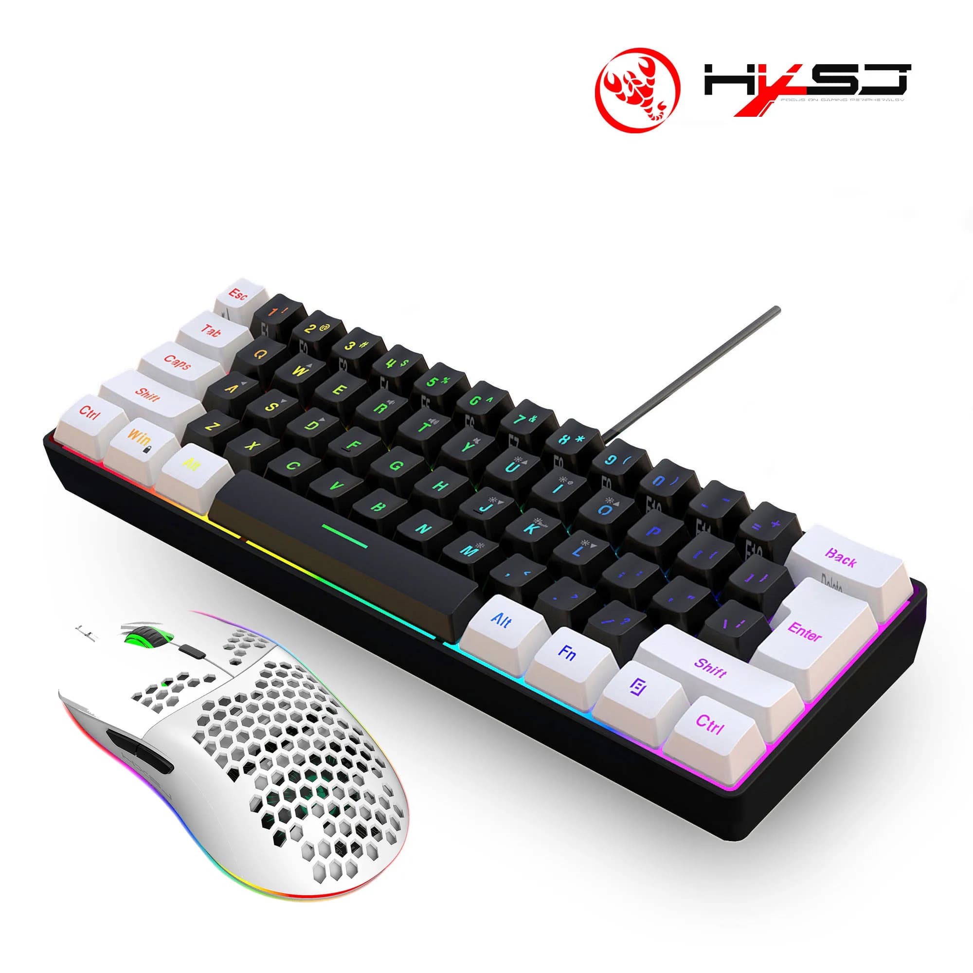 Vendita calda HXSJ 60% combinazioni tastiera e mouse da gioco cablati Set mouse e tastiera ergonomici leggeri retroilluminati RGB per laptop
