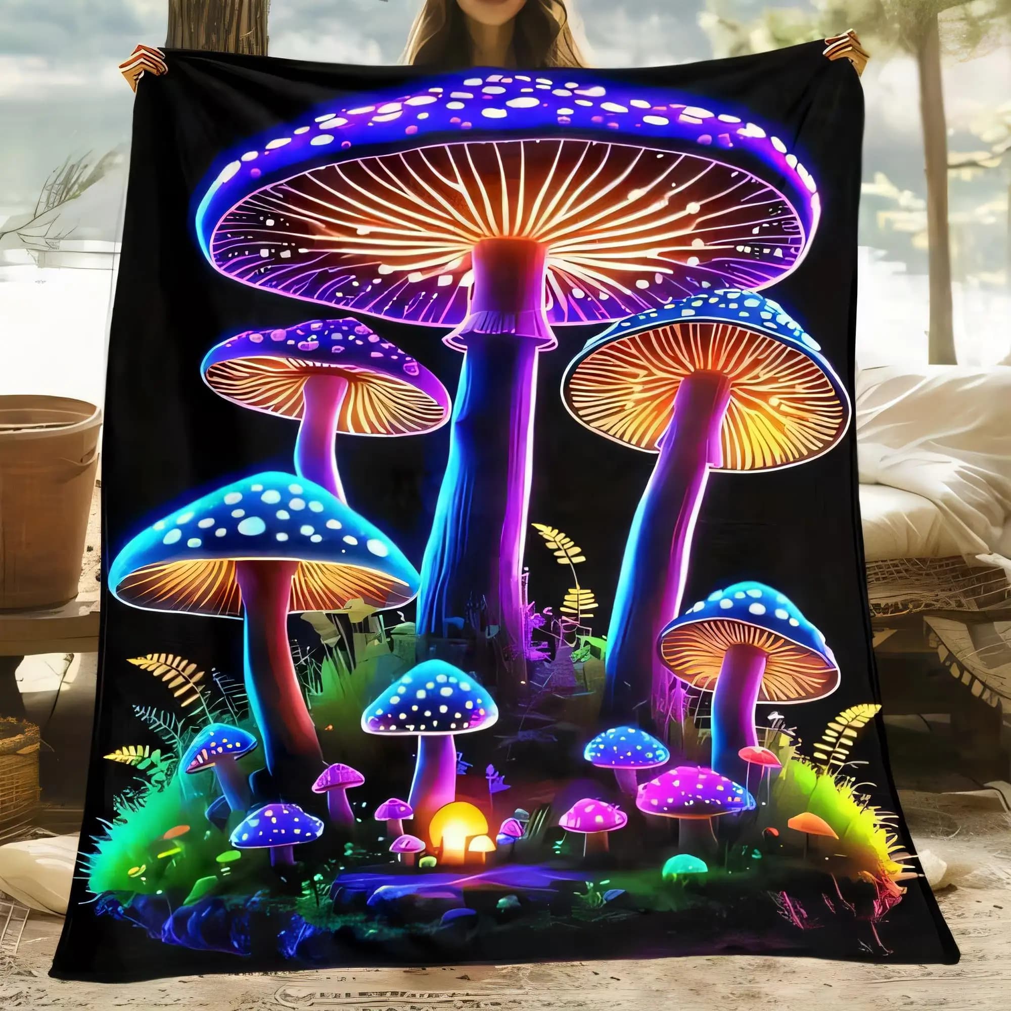 Coperta psichedelica a forma di fungo al neon Asciugamano in tessuto morbido Bagliore iridescente vibrante Decorazioni per la casa Comodo regalo per gli amanti della natura