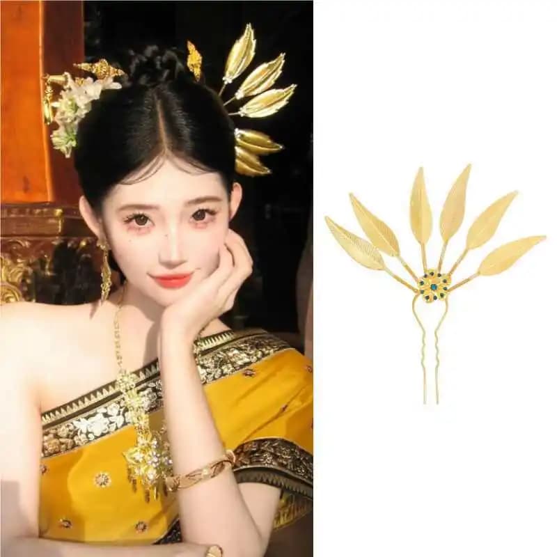 Palace style hairpin, vintage hairpin in Thai ethnic style studded with crystals