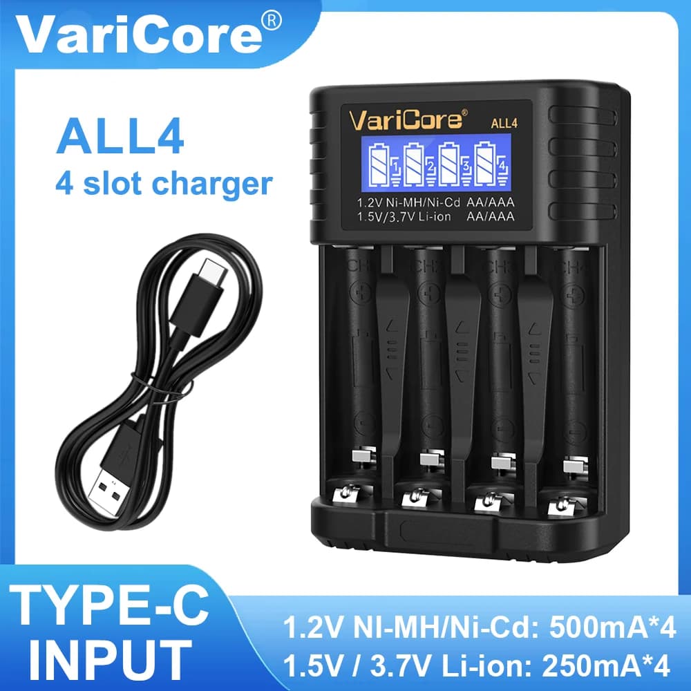 Caricabatterie VariCore ALL4 Caricabatterie LCD AA/AAA ad alta velocità a 4 slot, adatto per batterie ricaricabili agli ioni di litio da 1,2 V Ni-MH 1,5 V/3,7 V