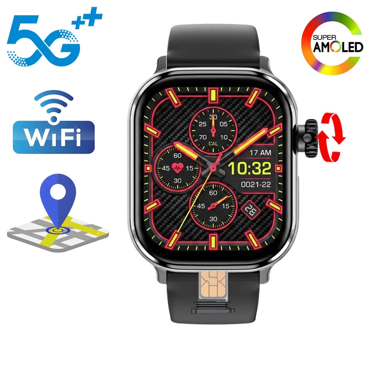 Android15.0 Smartwatch 2.39inch WIFI GPS Amoled Smart Watch Men Women With 200° Roatting Camera 4G/5G Sim Card Slot Video Call