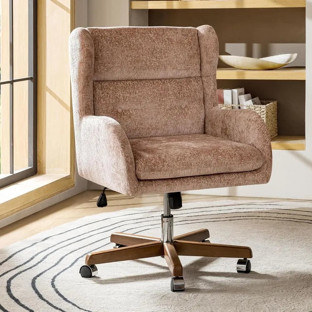 Poltrona con Schienale Alto e Imbottitura Trapuntata, Sedia da Ufficio Regolabile con Gambe in Legno, Seduta Ergonomica Girevole, Colore Sabbia