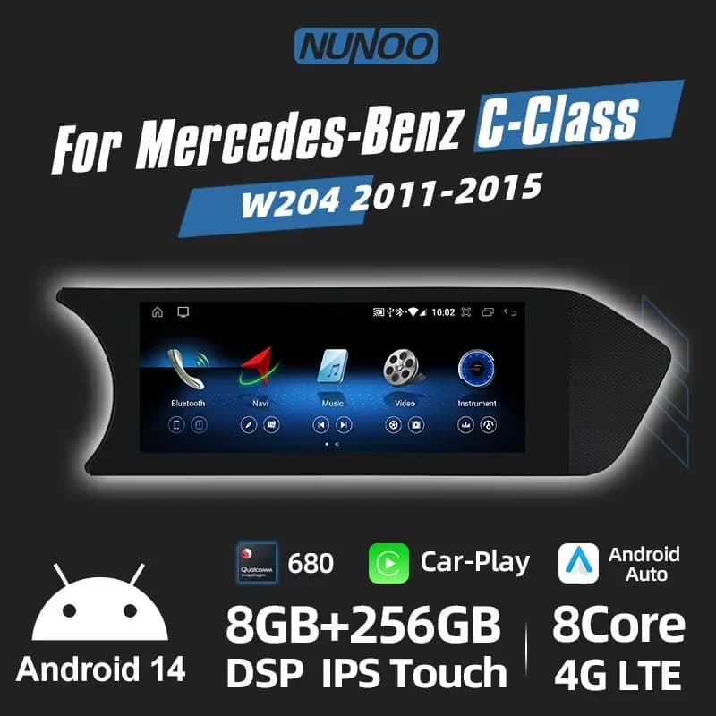 New Autoradio Android 14 2025 with Carplay for Mercedes Class C W204 2011-2014, Multimedia player with Screen, BT, WIFI, Stereo, GPS, Navigation
