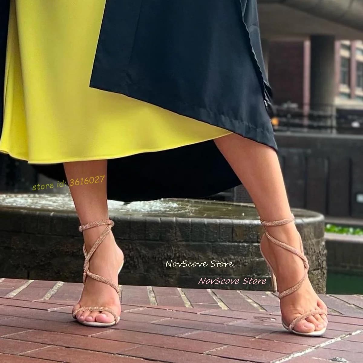 Party sandals with rhinestones, stiletto heel, thin upper, glossy, low décolleté, with braided laces, open tip, summer shoes