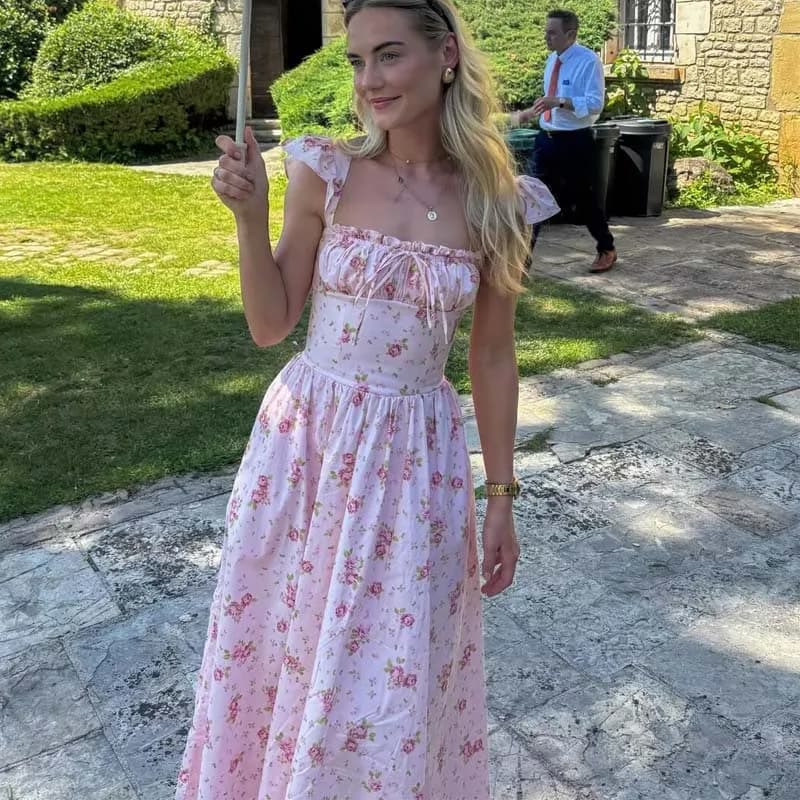 YENKYE 2026 Nuovo Abito Estivo da Donna Rosa con Stampa Floreale, Spalline con Volant, Elegante Stile Francese per Feste e Vacanze, Vestito Estivo con Lacci in Cotone