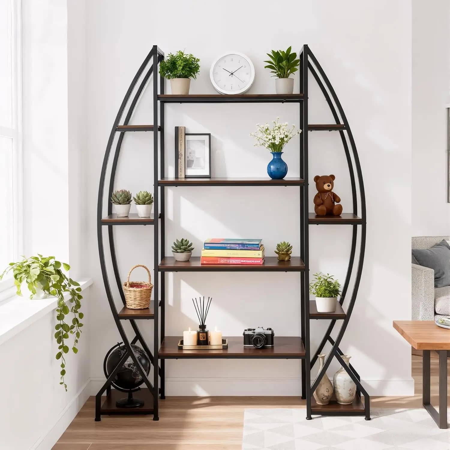 Libreria a tre ante, scaffale a 5 ripiani, scaffali espositivi industriali da 75 pollici, organizer rustico con scaffalature aperte, personalizzabile