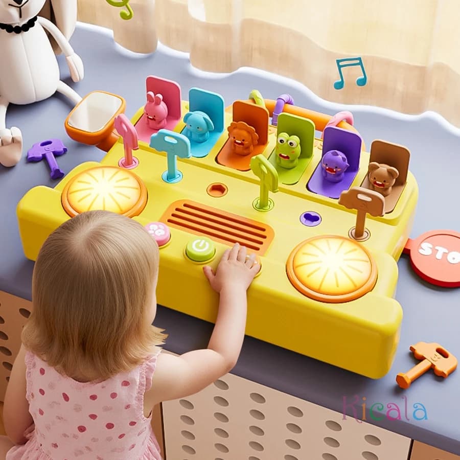 Bus per bambini Tavola occupata Giocattoli Montessori Luci Musica Gioco di raccolta di blocco Educazione interattiva Pop Animal Up Giocattolo per bambini Regali di Natale