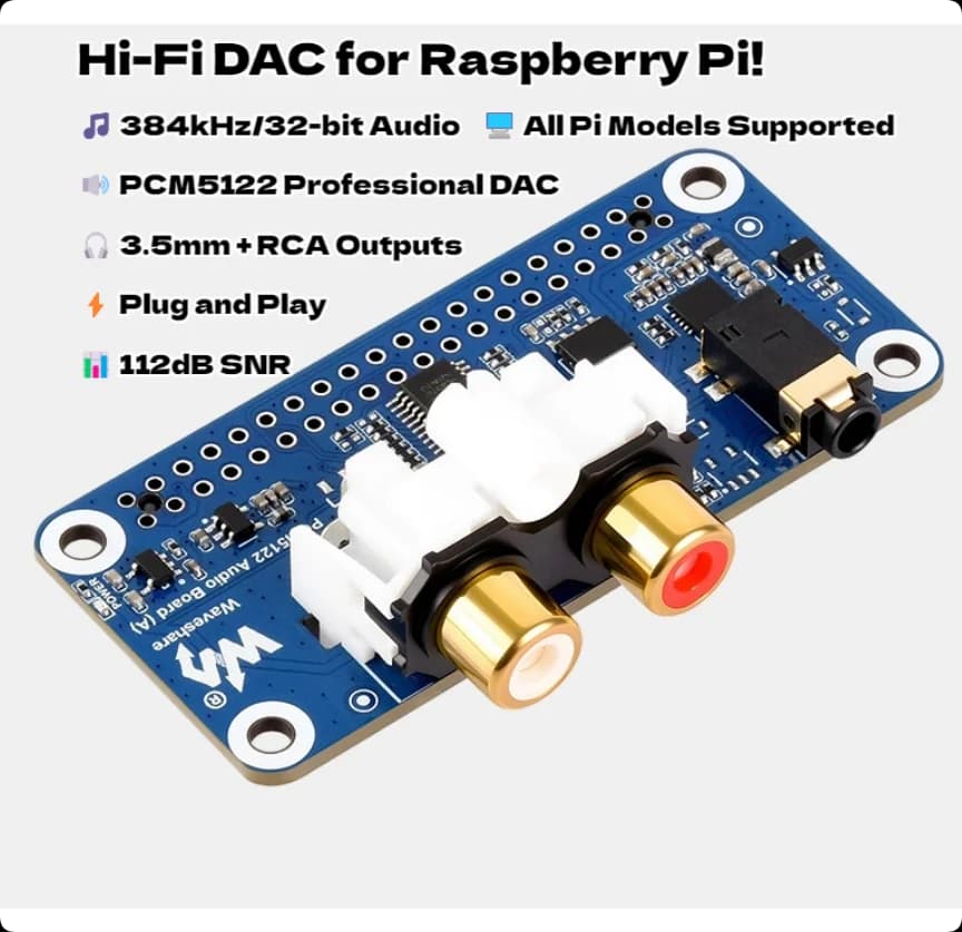 HIFI I2S Raspberry Pi PCM5122 DAC audio card - 384 kHz/32 bit high resolution stereo sound with 3.5 mm RCA outputs, Plug and Play for Pi