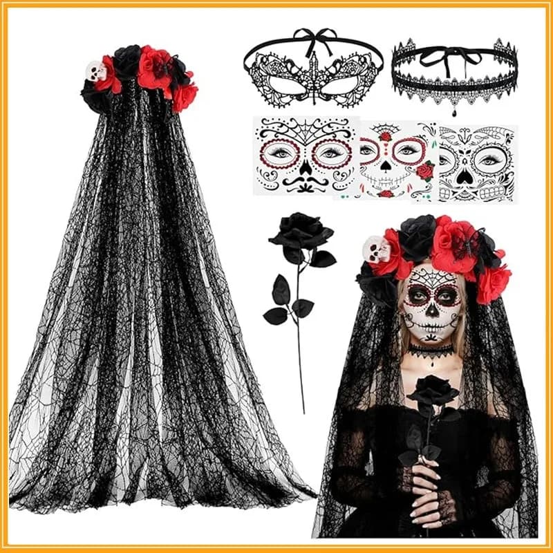5pcs Halloween Day Of The Dead Ghost Bride Cos Set Black Red Rose Lace Veil Mask Choker Face Stickers Masquerade Party Outfit