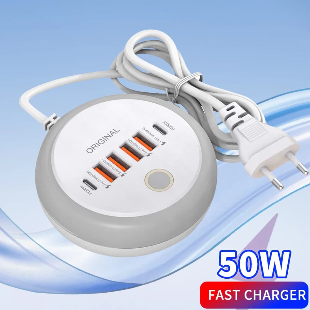 Caricatore multiporta PD 50W USB Type C, adattatore di alimentazione per cellulari iPhone, Xiaomi, Huawei, Samsung, con ricarica rapida USB.
