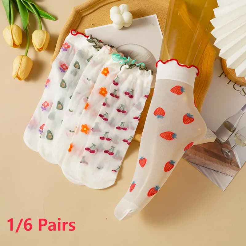 1/6 Paris Women's Fruit Lace Crystal Stockings Mesh Glass Silk Short Socks Transparent Mesh Silk Stockings Mid-tube Socks