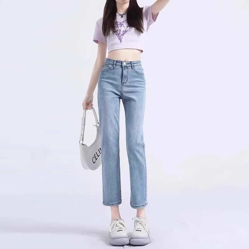 Slim Fit High Waist Nine-Tenths Blue Jeans Women's Straight Leg Jeans Short plus Size Cotton Stretch Denim Pants