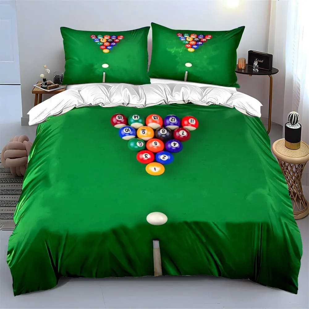 Set di Biancheria da Letto a Tema Biliardo, 3 Pezzi, Copripiumino con Stampa 8-Ball, Motivo Tavolo Verde con Stecca e Palle per Arredamento Sala Giochi
