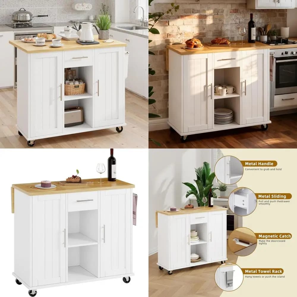 Carrello da Cucina Bianco con Isola, Ripiano Pieghevole, Portasciugamani e Vano Portaoggetti