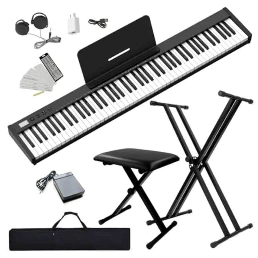 Pianoforte Digitale Portatile 88 Tasti Semi-Pesati con Panca e Supporto per Principianti SWAN-S Nero con Cuffie Sti