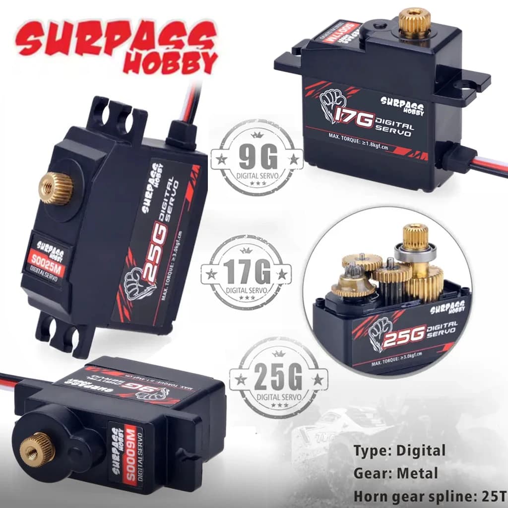 4 Pezzi Servo Impermeabili SURPASS Hobby 9g 17g 25g Micro Servo Digitale per Aerei RC, Droni, Mini Auto RC, Elicotteri, Velivoli ad Ala Fissa Wltoys