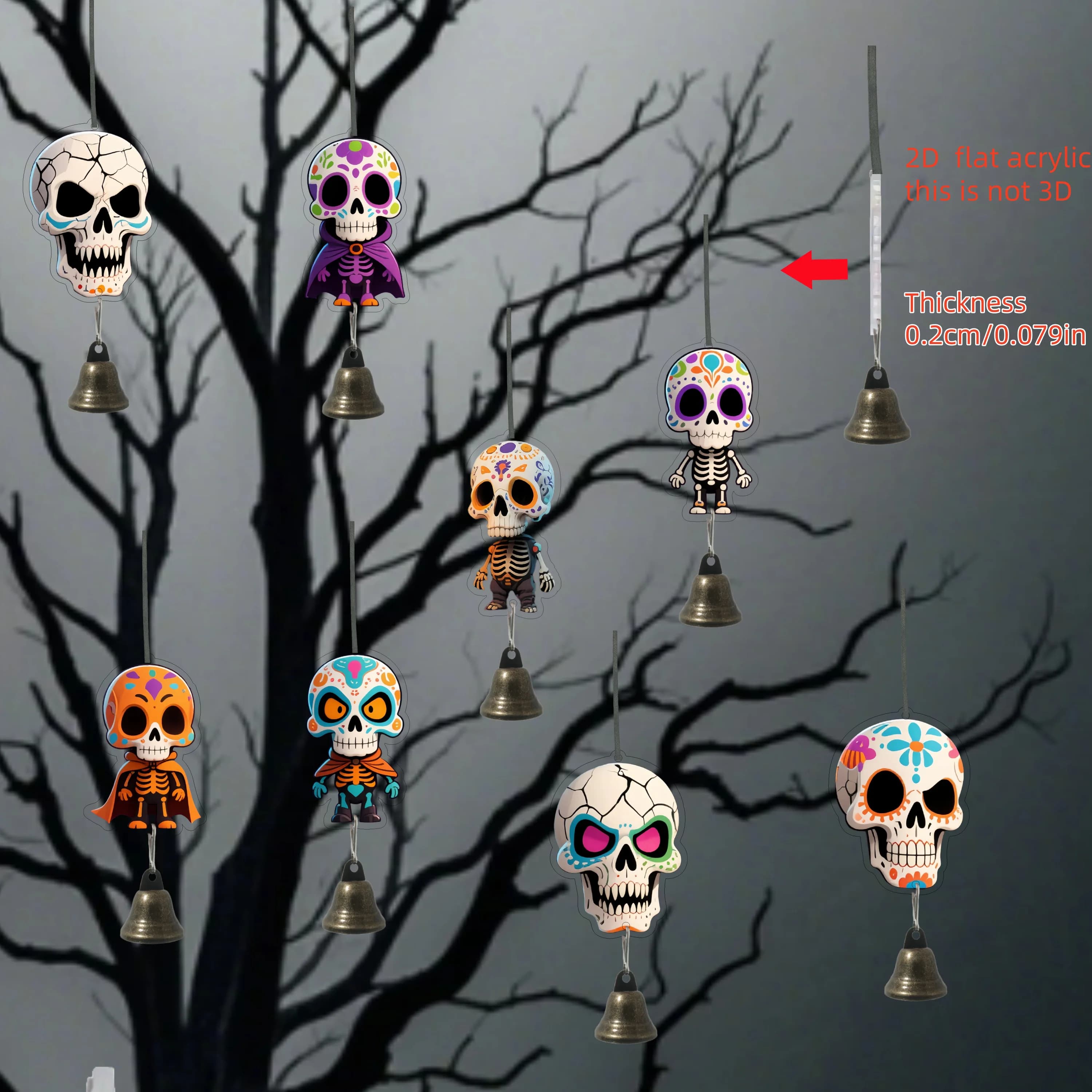 8Pcs Painted Skull Wind Chimes Halloween Pumpkin Witch Hanging Decor Indoor Outdoor Crisp Sound Ornament Farm Yard Party Gift
