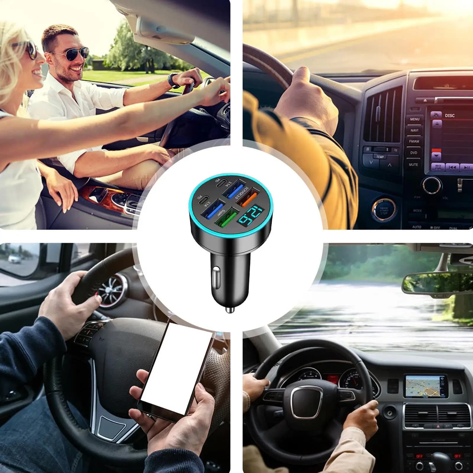 Caricabatterie per Auto 66W con Ricarica Rapida, Adattatore per Accendisigari a 6 Porte USB A+C, Caricatore Veloce per Telefono con Display di Tensione