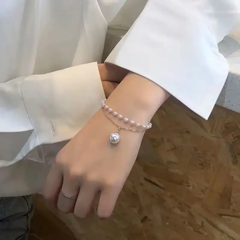 Bracciale a doppio strato con perle finte, stile semplice e alla moda, accessori gioiello da donna, bracciale femminile.