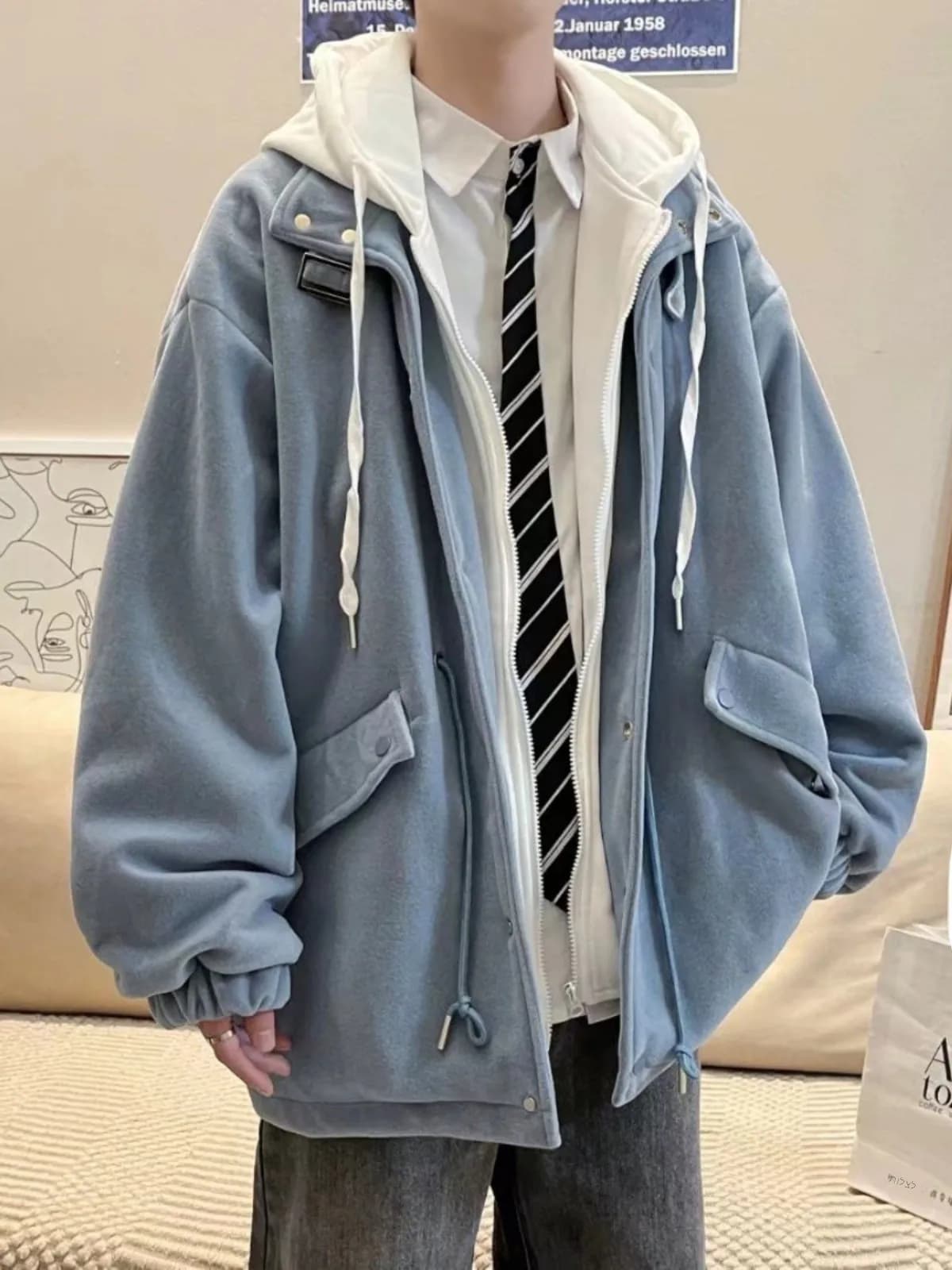 Autumn Winter Thickened Woolen Men's Coat Loose Fit Jacket Outerwear Trendy Brand Korean Style Casual Youthful Style Hat Incl...