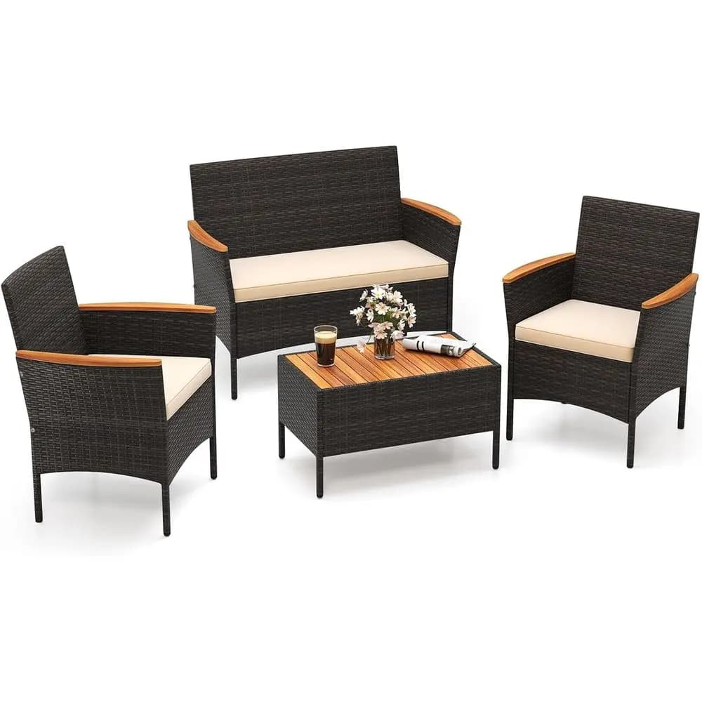 4 Pieces Patio Wicker Soa Set, 2 Rattan Chairs & Loveseat w/Coee Table, Acacia Wood Armrests & Tabletop, Outdoor Cushioned Conti