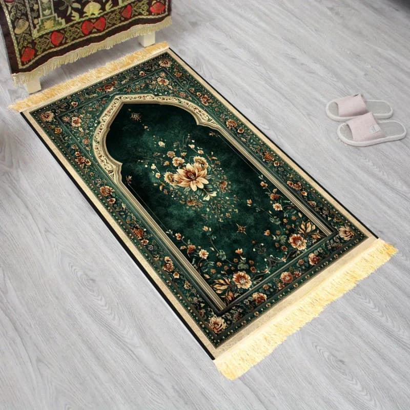 VIKAMA Dark Green Floral Arch Design Muslim Prayer Rug Portable Carpet for Bedroom Living Room Travel Islamic Home Decor