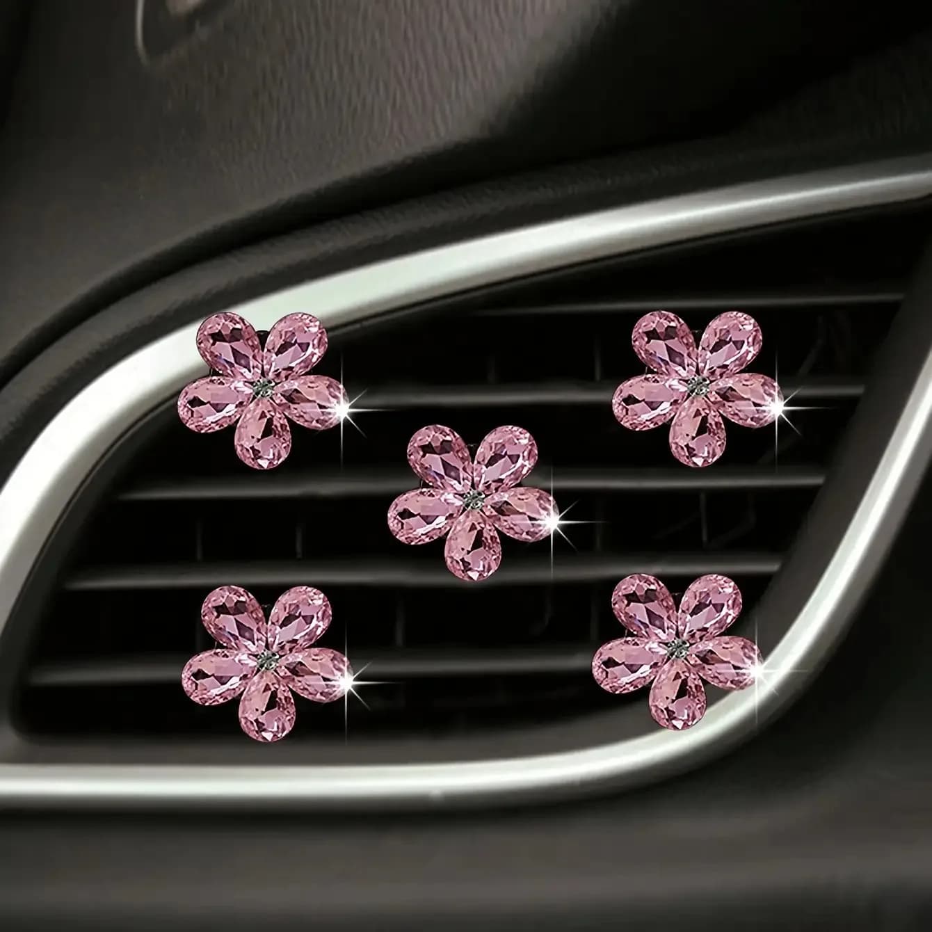 Set di 5 Clip Deodoranti per Auto a Forma di Fiore a Cinque Petali in Cristallo Artificiale, Decorazione Interna Scintillante