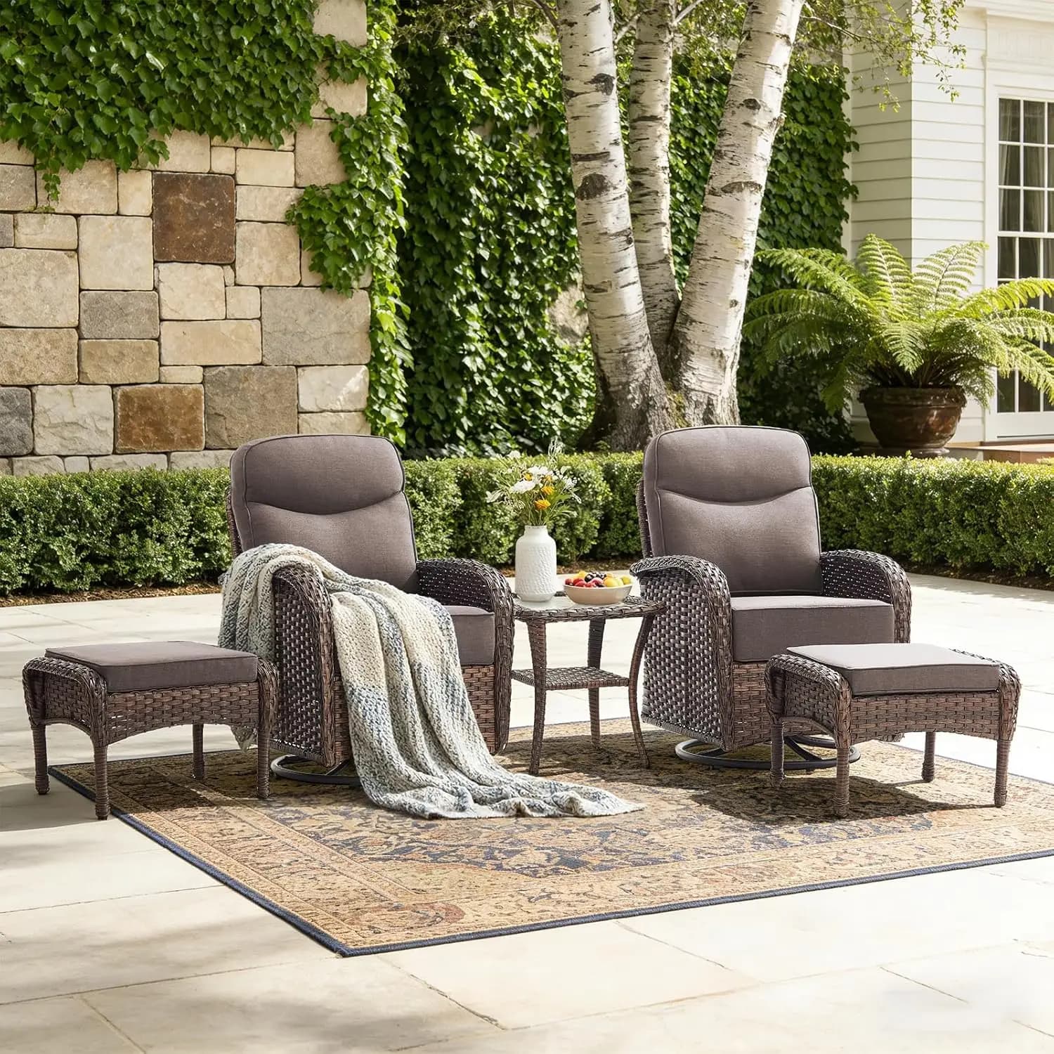 Set di Mobili da Giardino di Lusso con Sedie Girevoli e Cuscini Spessi 6 Pollici, Sedie da Esterno con Schienale Alto e Funzione Dondolo, Personalizzabili