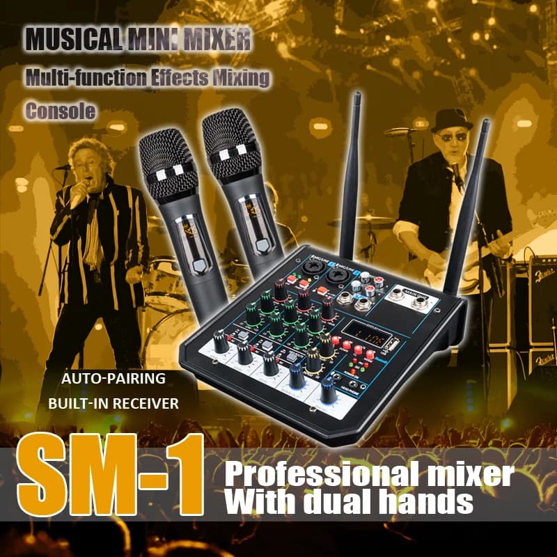 4 Channel Audio DJ Mixer Console with Bluetooth Mixer UHF Wireless Microphone for Home Karaoke Stage Studio