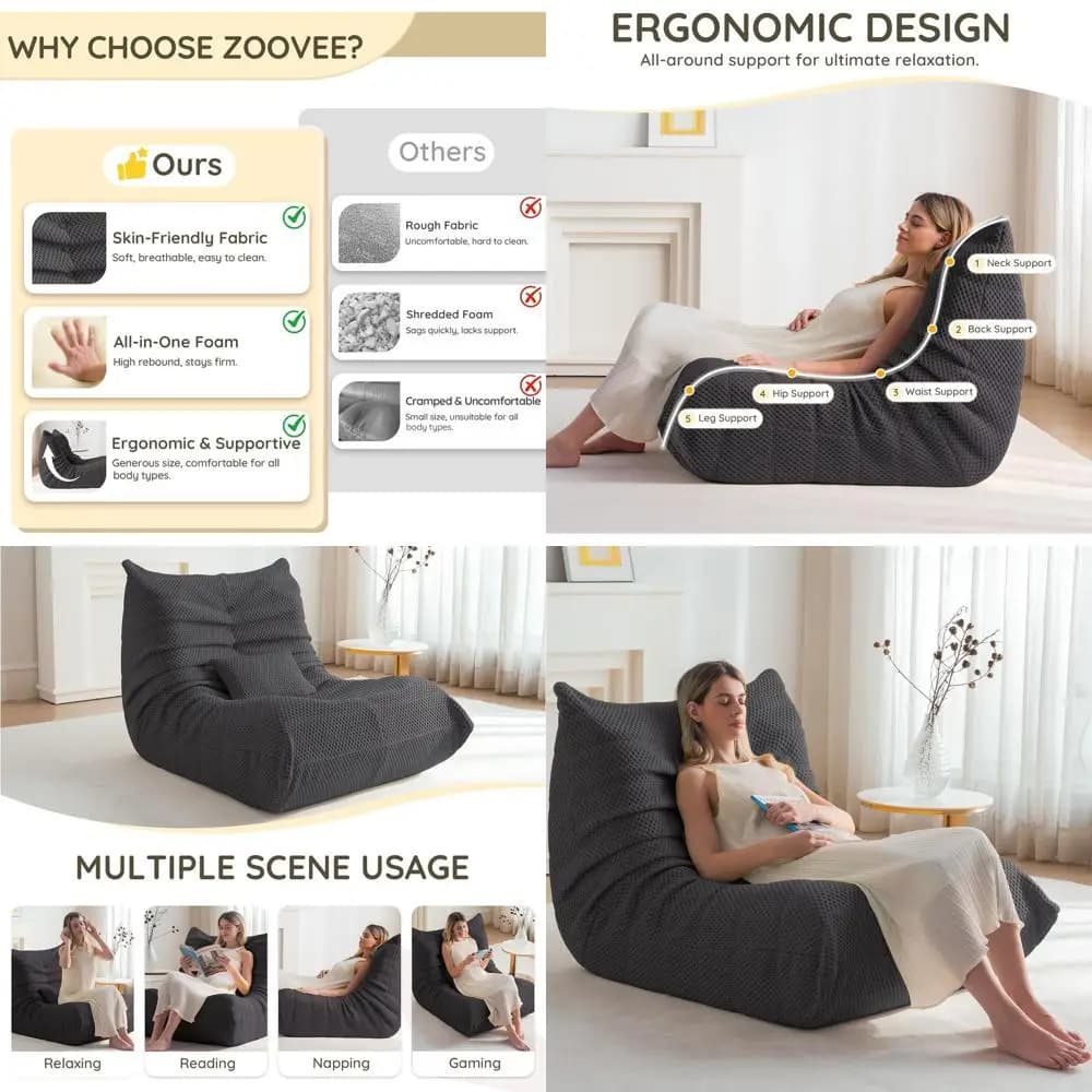 Grande poltrona a sacco in memory foam per adulti - Divano pigro oversize con supporto lombare per lettura, giochi, soggiorno, camera da letto