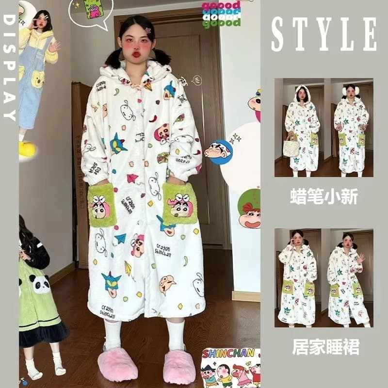 Kawaii Anime Crayon Shin-Chan Woman's Pajama Set Cute Girls Coral Fleece Robe Pajama Pants Winter Warm Outdoors Hooded Homewear