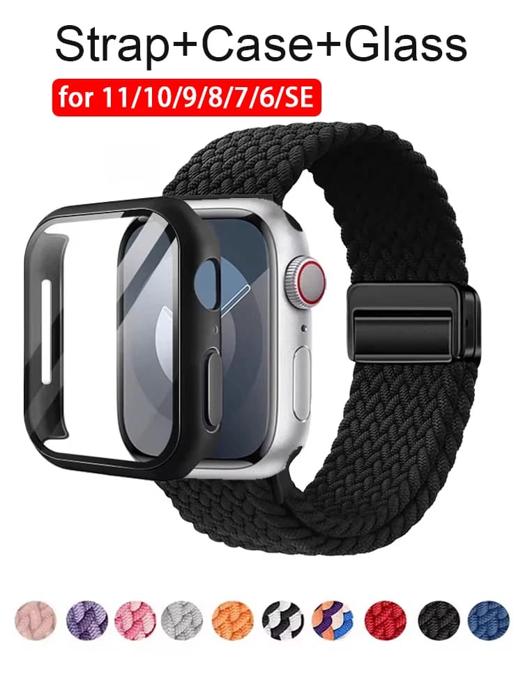 Cinturino+custodia+vetro per Apple Watch 46mm 45mm 40-41-42-44mm Protezione schermo Bracciale intrecciato correa Serie 11 10 8 7 9 6 SE 5