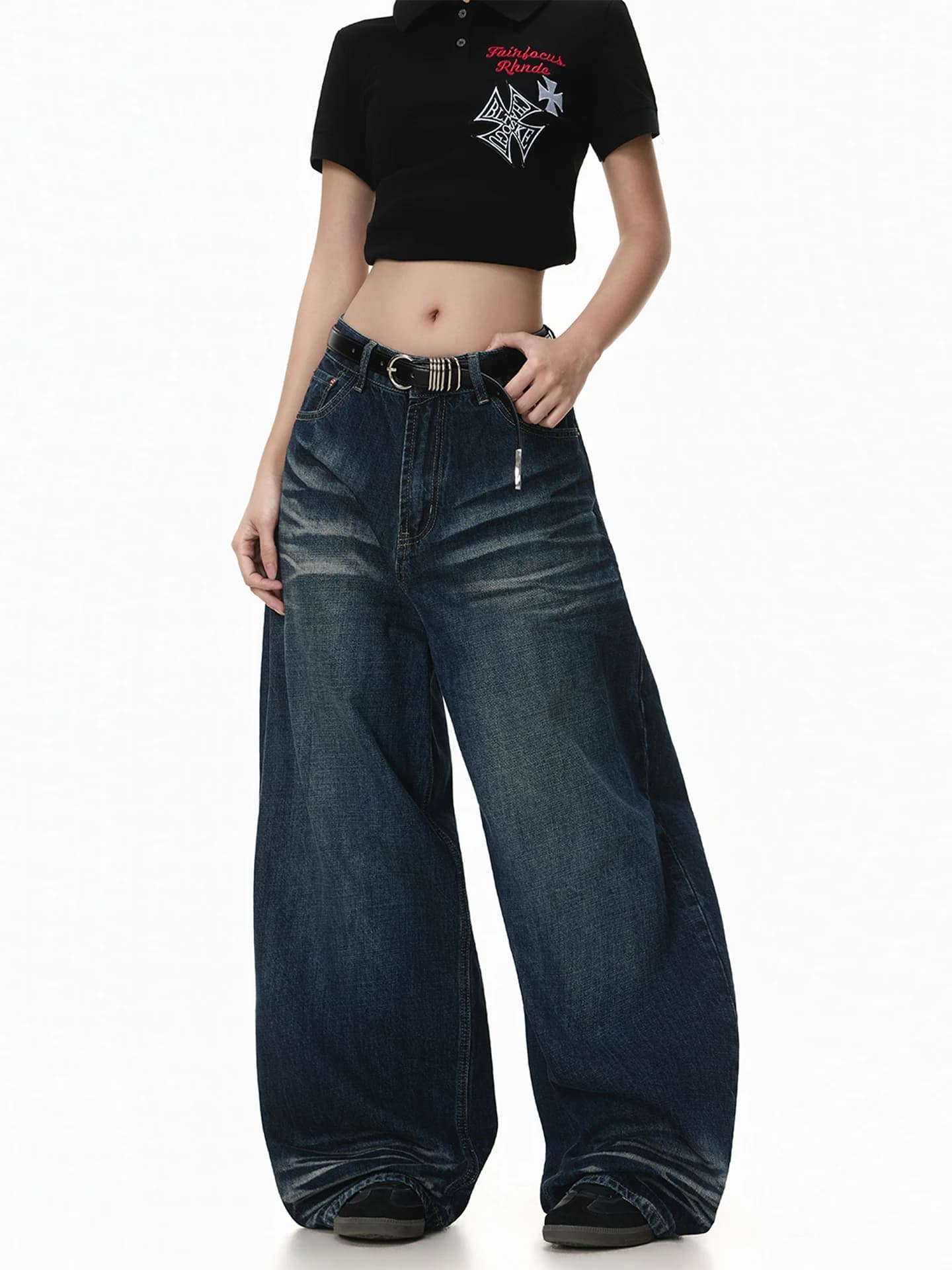 Washed Deep Blue American Retro Denim Jeans Slimming Loose Fashion Straight Leg Wide Leg Trendy Women's Jeans